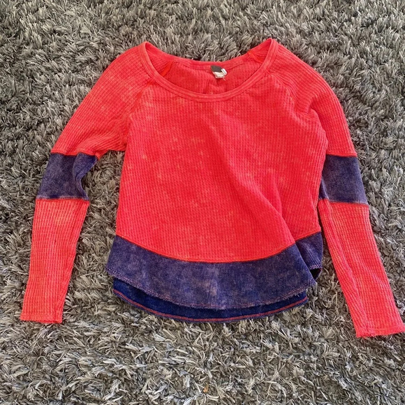 We the Free Color Block Patchwork Waffle Knit Top Scoop Neck Red Blue Size XS - Picture 1 of 6